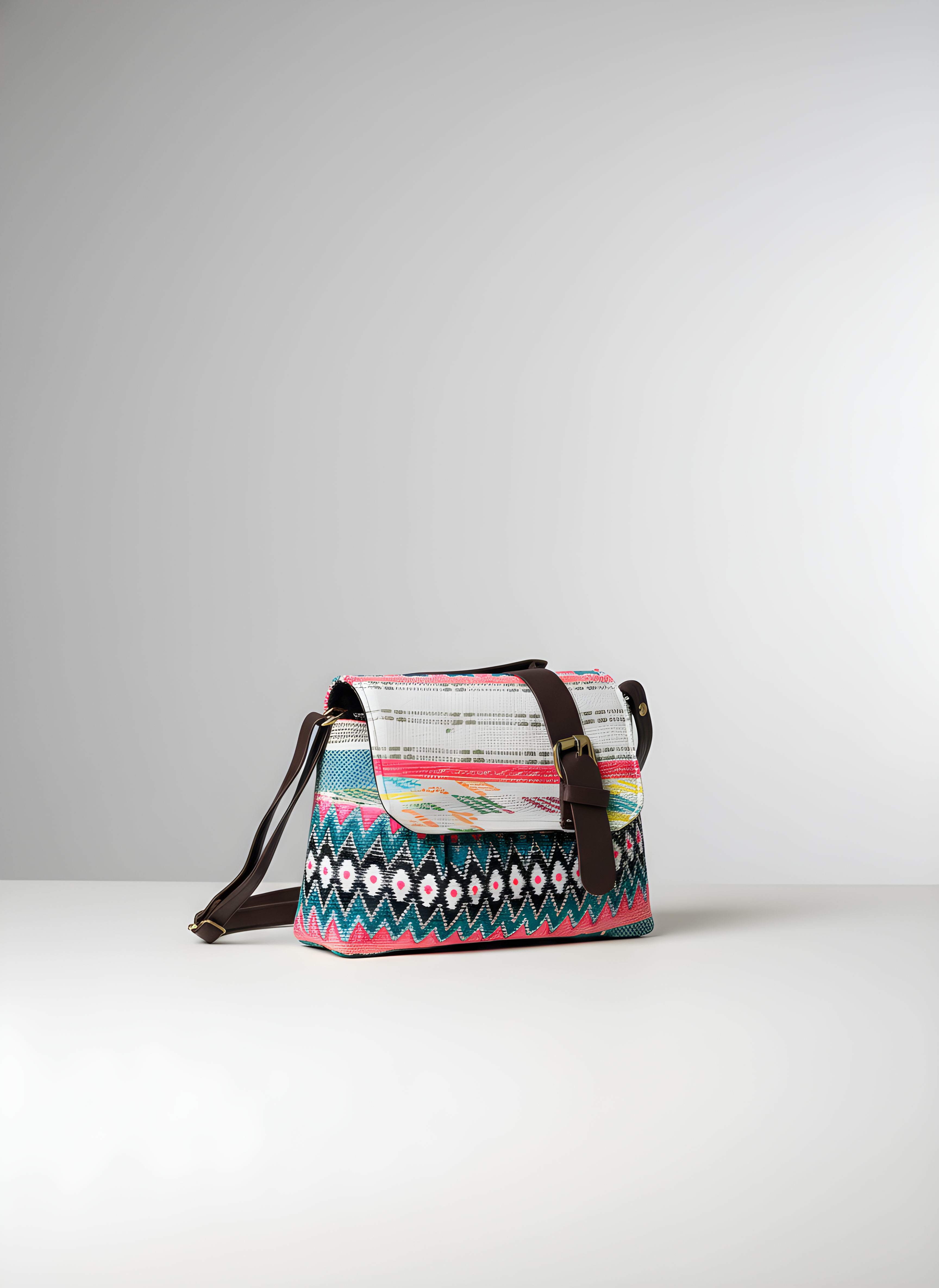 Colorful patterned Bahnaz handbag on a white background