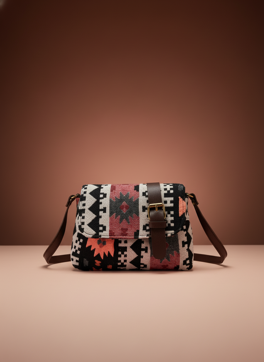 Jacquard Flap Embroidery Leather Sling Bag