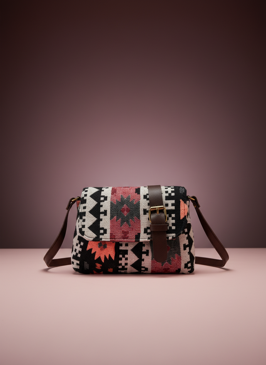 Jacquard Flap Embroidery Leather Sling Bag